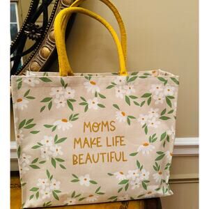 Large Tote "Moms Make Life Beautiful" Daisy Floral Canvas Bag